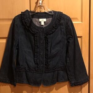 LOFT Dark Denim Ruffle Trim Jean Jacket